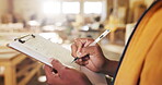 Planning, hands or writing on clipboard in carpentry for joinery notes, material list or pricing. Paperwork, carpenter or warehouse checklist for custom design, furniture quote or manufacturing trade
