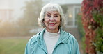 Wellness, face or old woman in backyard with smile, fresh air or positive attitude on weekend break. Confidence, space or elderly person with happy moment, outdoor unwind or good mood in retirement.