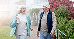 Walking, water and senior couple outdoor for exercise, conversation or bonding together. Happy, talking and elderly man with woman in retirement for cardio in morning with connection or love.