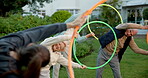 Fitness, happy and senior people with hoop outdoor with coach for help, balance and health. Elderly women, man and exercise with group for retirement community, wellness and plastic ring in nature