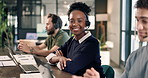 Office, face and woman in coworking call center for online help, virtual assistance and faq support. Happy, portrait and people with headset for contact us, customer service and laptop for consulting