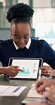 Business, woman or meeting with graphs on tablet screen for regional turnover, KPI or buying trends. Office, sales manager or presentation with tech for performance insight, revenue target or results