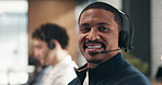 Consultant, face and happy man with headset in call center for customer service or online advice. Portrait, male person or agent with smile or mic for virtual assistance, help or CRM in workplace