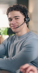Happy, face and man with headset in call center for customer service or online advice in office. Portrait, coworking or agents with smile for virtual assistance, CRM or communication in agency