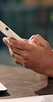 Business person, hands and typing with phone in office for project tasks, agenda or reminder. Employee, planning or administration with technology for minutes, schedule plan or report in workplace