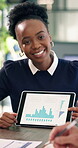 Office, woman or meeting with graphs on tablet screen for regional turnover, KPI or profit margin. Happy, business analyst and presentation with tech for ROI insight, expense trends and team feedback