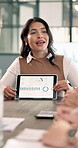 Office, woman or meeting with graphs on tablet screen for regional sales, cost analysis or feedback. Happy, mature business analyst and talk with tech for ROI insight, productivity metrics and trends