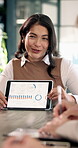 Office, woman or meeting with charts on tablet screen for monthly sales, department KPI or insight. Happy, mature business analyst and talk with tech for ROI briefing, productivity metrics and trends
