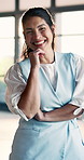 Face, thinking or woman with smile in office, event planner or pride for career growth. Coordination professional, confidence or happy mature person with startup idea, creative or funny with flare