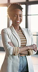 Face, smile and black woman with confidence in office, event planner or laugh for career growth. Coordination professional, arms folded or happy person in startup, creative or about us with organizer