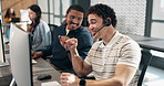 Men, consultant and fist bump with headset in call center for winning, sale or good news. Happy, male people or agent with smile or touch for achievement, bonus deal or CRM promotion in work agency