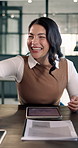 Business people, high five and woman in office with celebration, success and smile or excited. Employees, tablet and consulting agency in workplace with good news, proposal approval and together