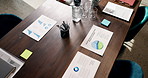 Above, empty and table with documents in office for financial review, analytics and statistics for profit. Background, boardroom and paperwork with graphs, charts and research for finance report