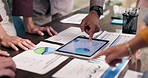 Hands, meeting and business people with paperwork, tablet and statistics for financial report. Office, team and workers pointing to documents, charts and tech for finance review, planning or research