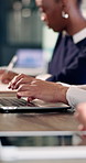 Typing, laptop and hands of business person in office for planning, project or digital notes. Startup research, creative team and people on tech with online proposal, review and feedback in agency