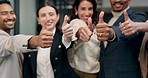 Face, business and people in office with thumbs up, good news and success for real estate. Portrait, team or hand gesture with smile for agreement, positive feedback and achievement for sold property