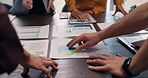 Hands, graph and business people with documents for meeting, financial report and statistics. Office, team and workers with paperwork, charts and sales info for finance review, planning and research