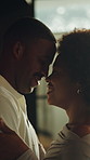 Dancing, happy and couple in home with spin for bonding, connection and romantic moment on weekend. Marriage, commitment and black man with woman with music, moving and love for playful relationship