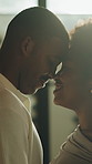 Dancing, happy and African couple in home for bonding, connection and romantic moment on weekend. Marriage, commitment and man with woman with music, movement and talking for loving relationship