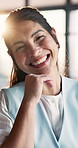 Face, thinking or woman with smile in agency, event planner or pride for career growth with flare. Professional coordinator, confident or happy mature person with startup idea, creative or experience