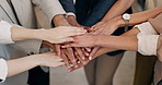 Above, team building and business people with hands together in collaboration, support and goals. Office, mission and group stack with startup, solidarity and celebration of partnership success