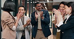 Applause, smile and business people in office with winning, good news or finance goal together. Happy, professional and team of financial advisors with clapping for celebration of investment approval