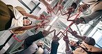 Below, team building and business people with peace sign in partnership, support and goals. Office, finger shape and group together with startup, solidarity and celebration of collaboration success