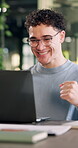 Excited, man or celebration on laptop in office for garden writer, publishing deal or story feature. Happy, employee and fist pump for positive review, book launch success or viral post on plant care