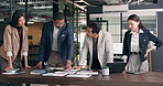Meeting, creative and business people with documents, planning and ideas for marketing strategy. Office, team and workers with research, paperwork and graphs for sales report, advertising and project
