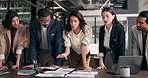 Meeting, chart and business people with documents, planning and ideas for marketing strategy. Office, startup and workers with research, paperwork and graphs for sales report, advertising and project