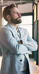 Businessman, thinking or window with confidence in office for career ambition, reflection or vision. Thoughtful, man or employee with arms crossed or lens flare for business dream or job opportunity