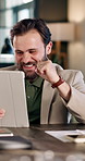 Excited, online and man with tablet in business, success or wealth manager with funding opportunity. Office, achievement and happy person with technology, scroll and fist pump for investment on web