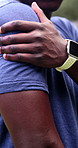 Fitness, park and man with shoulder pain for injury from workout, exercise and training outdoor. Massage, hurt and person with strain for tension, fibromyalgia and muscle fatigue for health accident