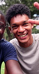 Fitness, face and men with smile for selfie, influencer and profile picture after physical activity. Athlete, photography and happy people with peace sign on workout break, friends and laugh at park