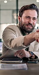 Business, man and happy with handshake in meeting for negotiation success, deal or company merger. Investor, person or shaking hands in office for contract, equity purchase or offer in joint venture
