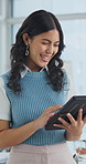 Laugh, scroll and woman with tablet in office for social media, online networking or notification. Employee, startup agency or business person with tech for reading message, email or chat on internet