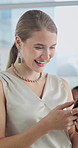 Businesswoman, laugh and typing in office with phone, funny text message and social media for break. Coworking, happy person and browsing in workplace with tech, online meme and joke for mobile chat.