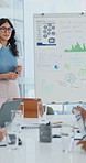 Woman, talk and presentation in business with board, data analysis and marketing strategy for KPI. Person, speaking and team workshop in office with graphs, stats and explain advertising performance.