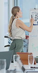 Woman, speaking or presentation in office with board, data analysis or advice for marketing strategy. Person, discussion and workshop in creative agency with graphs, stats and advertising research.
