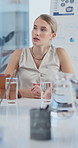 Business, review or manager in office with meeting, campaign pitch or discussion on brand strategy. Talk, woman or marketing director with plan, growth proposal or feedback on advertisement analysis.