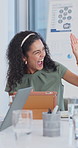 Celebration, woman and high five for project goals, investment deal or good news. Tablet, finger guns and business people with digital tech in office for team achievement, company growth or success