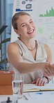 Applause, woman and handshake in office for project growth, investment deal or good news. Tablet, celebration and business people shaking hands in meeting for achievement, company goals or success