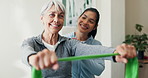 Physio, help and old woman in clinic with resistance band, advice and smile for mobility improvement. Senior person, healthcare worker and happy with stretching exercise, injury recovery or wellness.