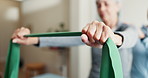 Physio, hands and old woman in office with resistance band, massage and support for rehabilitation. Senior person, healthcare worker and gear for stretching exercise, injury recovery and wellness.
