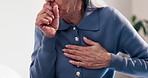 Cough, hands and elderly woman on bed in home with allergies, chest infection or sore throat. Illness, retirement and senior female person with tuberculosis, cold or flu symptoms in bedroom of house