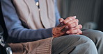Thinking, home and hands of senior person in wheelchair with reflection, nostalgia and loneliness. Retirement, house and woman with worry, thoughtful and overthinking for dementia or memory loss