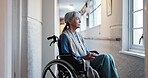Thinking, insight or old woman in center with wheelchair, daydream or nostalgia in calm mindset. Reflection, wonder or elderly person with disability, flashback or peaceful perspective in retirement.