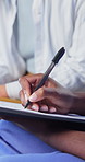 Nurse, old woman and hand with clipboard for healthcare, wellness survey and consultation in home. Checklist, caregiver and person in retirement with medical help, talk or writing on application form