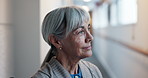 Thinking, happy or elderly woman in center with insight, daydream or nostalgia in calm mindset. Reflection, wonder or old person with mindfulness, flashback or peaceful perspective in retirement.