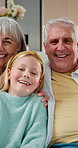 Love, grandparents and child in house with face, security and bonding together on weekend break. Support, childcare and family with portrait, happy moment and connection in healthy relationship.